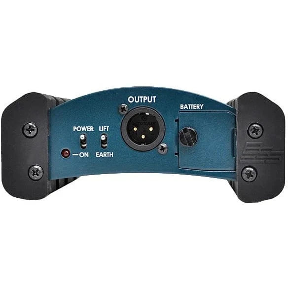 Output end of the BSS AR133 with male XLR output, power switch and LED, ground lift switch and battery compartment
