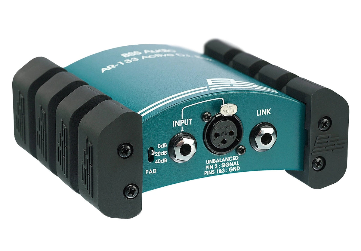 Input end of the BSS AR133 DI box with jack and XLR inputs, link jack and 0/20/40dB pad switch