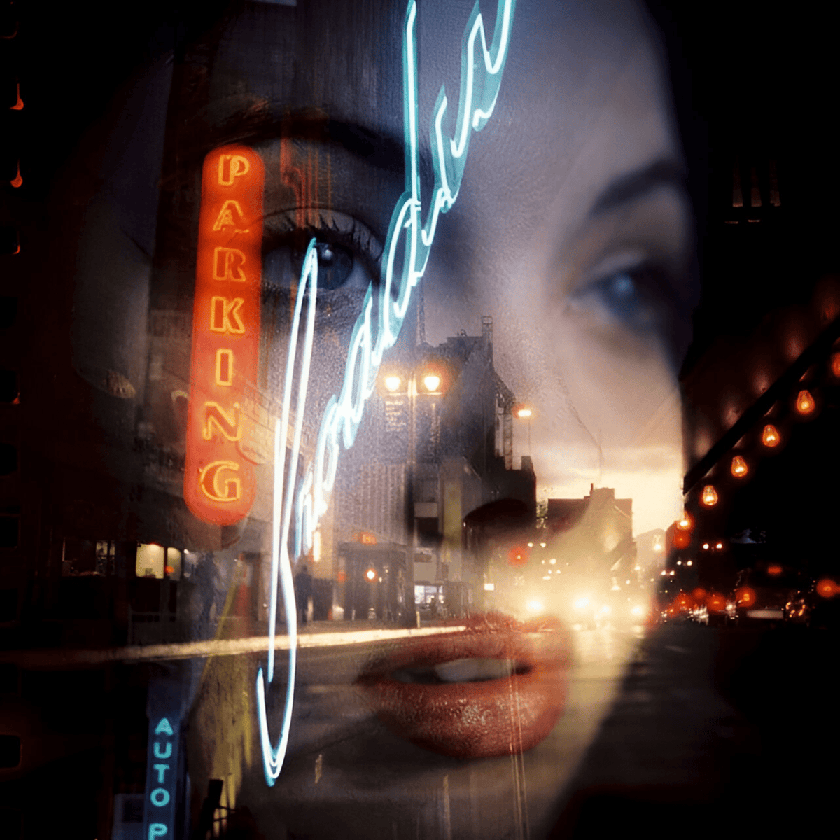 Night street scene layered with a woman's face and a glowing red Parking neon sign