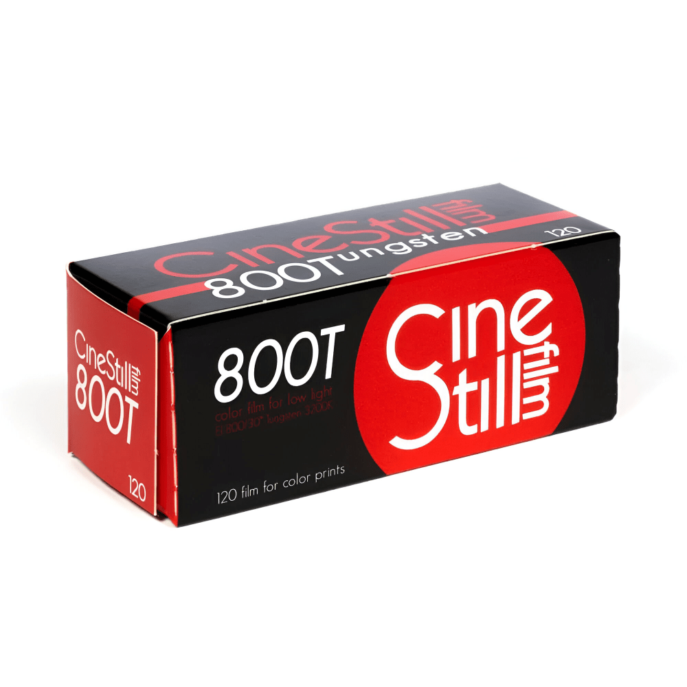 CineStill 800T 120 film box in red and black, angled view showing the 800Tungsten branding
