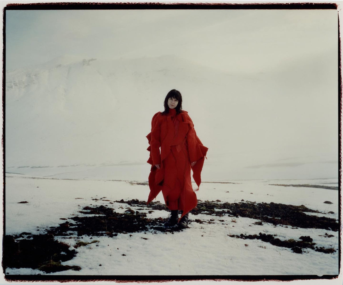 Person in a long red coat standing on a snowy, rocky landscape under a pale sky