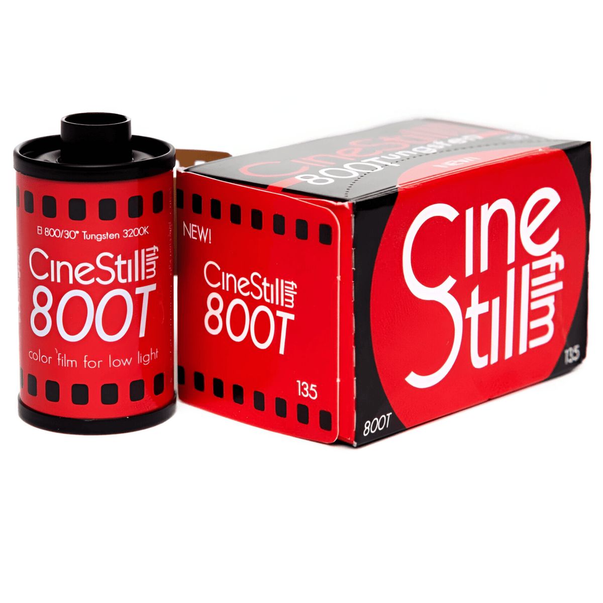CineStill 800T 35mm film canister and red box, canister marked ISO 800/30° Tungsten 3200K