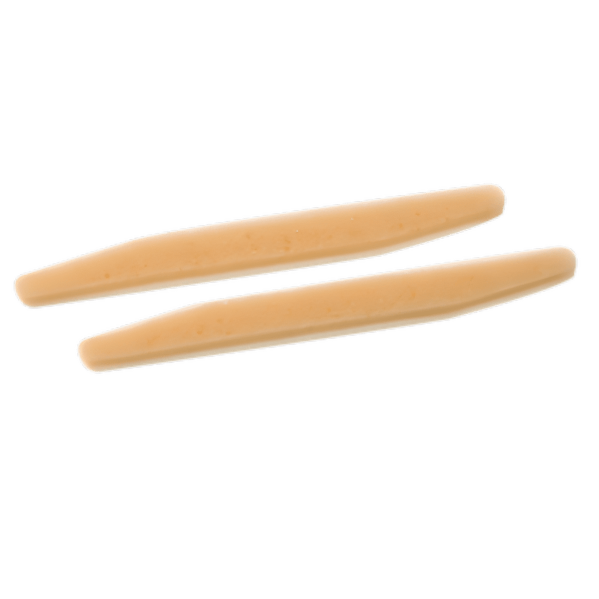 Pair of peach Comply Soft Wraps memory foam strips, shown before fitting
