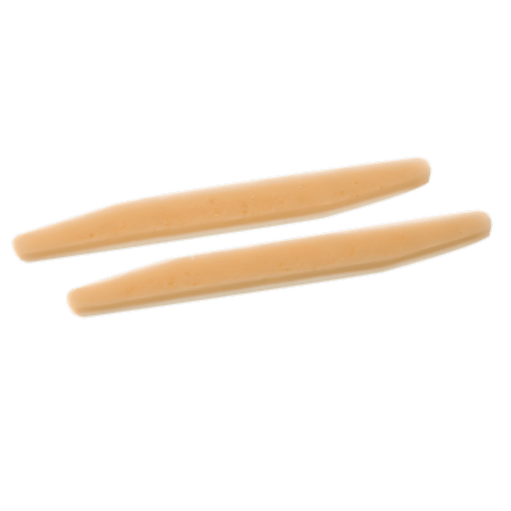 Pair of peach Comply Soft Wraps memory foam strips, shown before fitting
