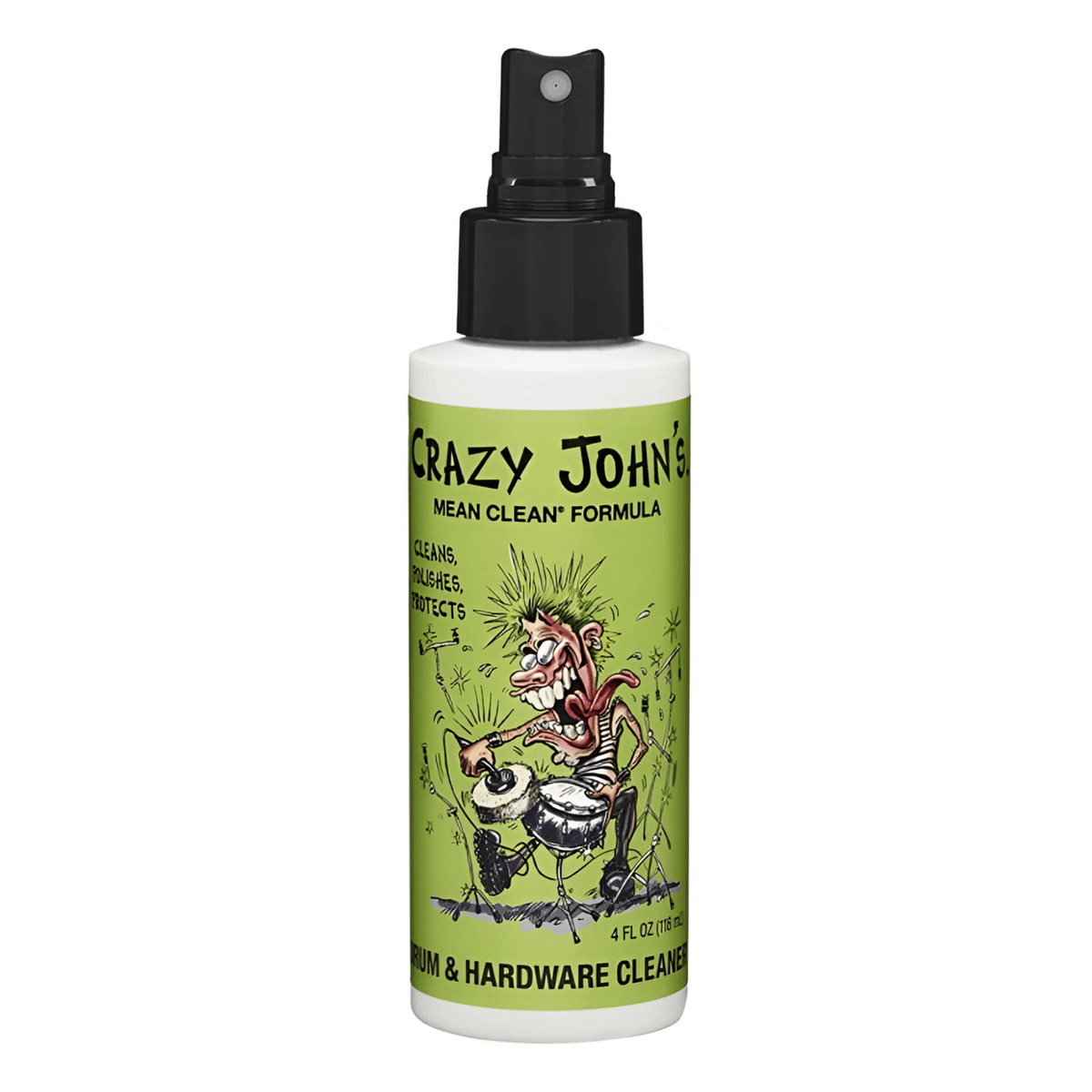 Crazy John's Drum & Hardware Cleaner 4 fl oz spray bottle, green label with cartoon drummer, black spray top
