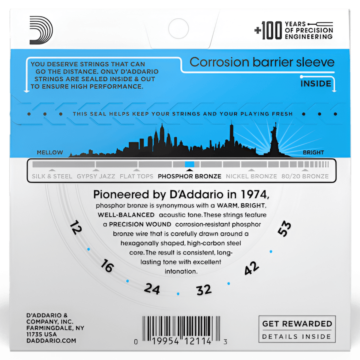 Back of D'Addario EJ16 pack with 12 to 53 gauge dial, tone chart and corrosion barrier sleeve note
