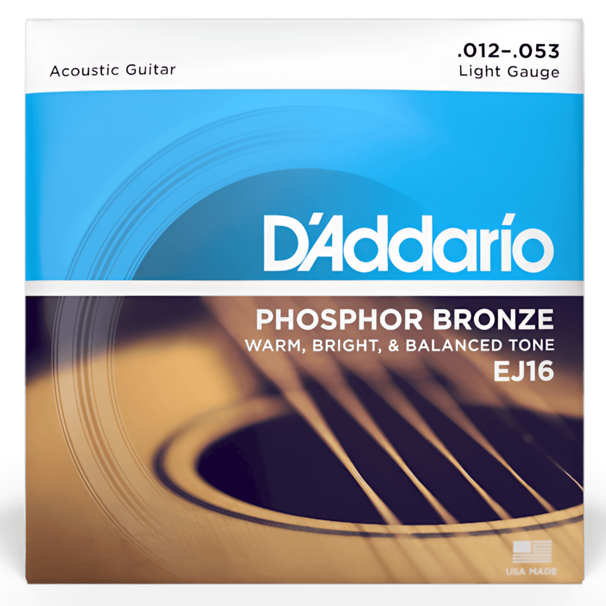 Front of D'Addario EJ16 pack: phosphor bronze acoustic guitar strings, light gauge .012–.053