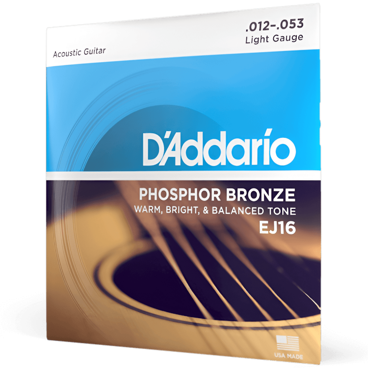 D'Addario EJ16 light gauge phosphor bronze acoustic strings pack shown at an angle