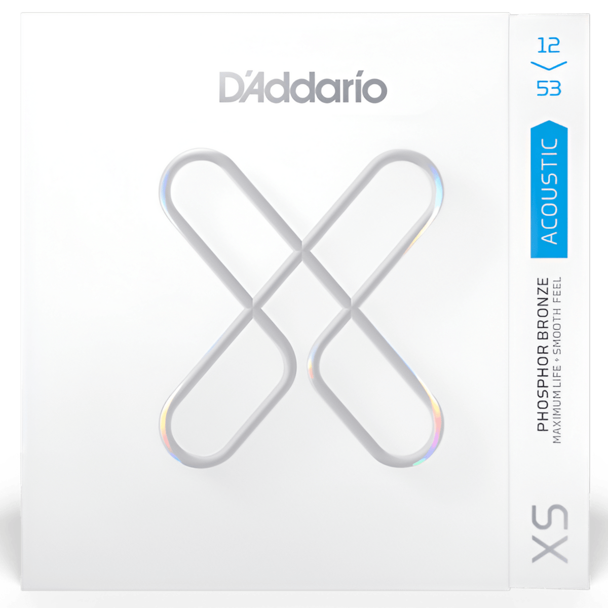 Front of white D'Addario XS phosphor bronze acoustic strings pack, 12/53, marked maximum life and smooth feel