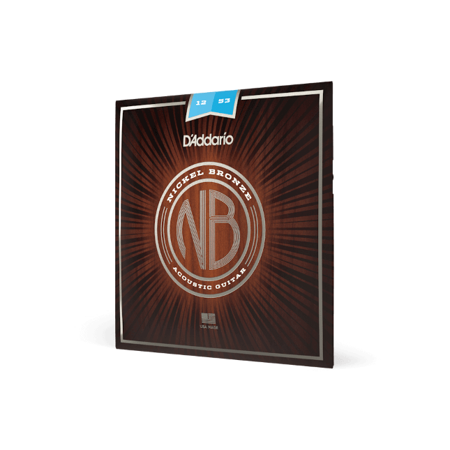 D'Addario Nickel Bronze acoustic guitar strings pack at an angle, with 12|53 light tab and copper sunburst design