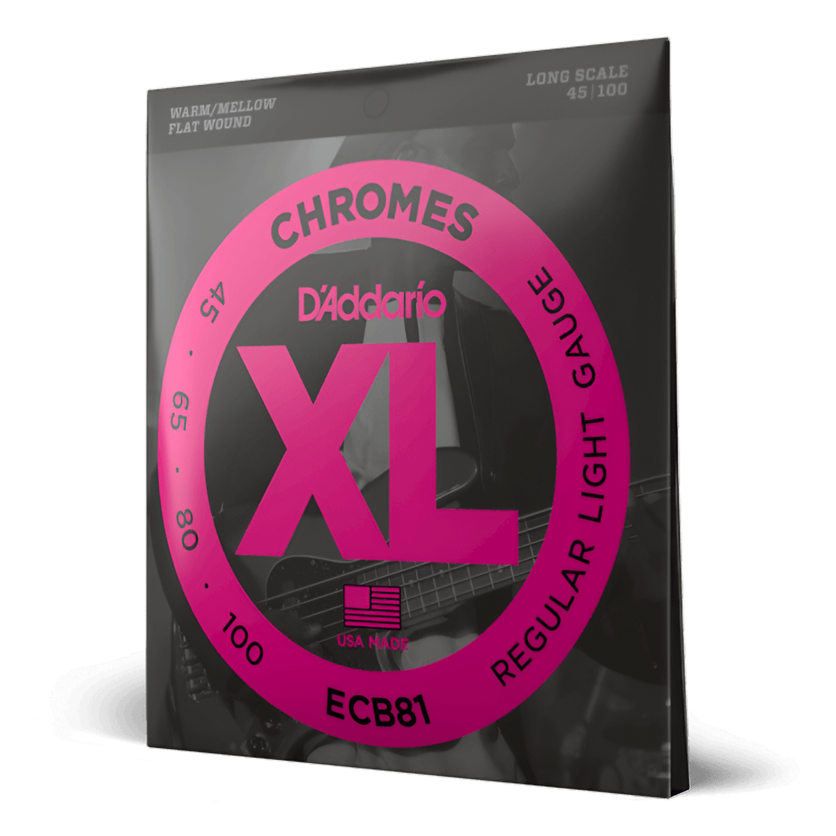 D'Addario Chromes flatwound bass strings pack at an angle, with the warm and mellow flat wound label