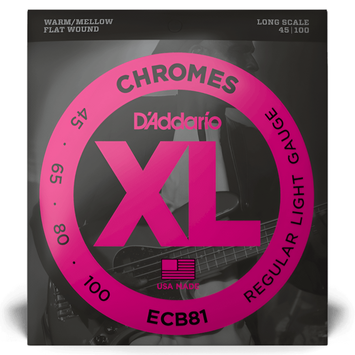 Front of D'Addario Chromes ECB81 pack: XL flat wound bass strings, long scale 45-100, regular light gauge