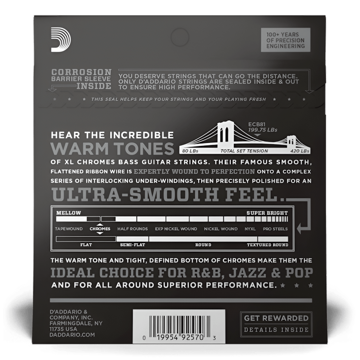 Back of D'Addario Chromes pack with set tension graphic, tone chart and R&B, jazz and pop note