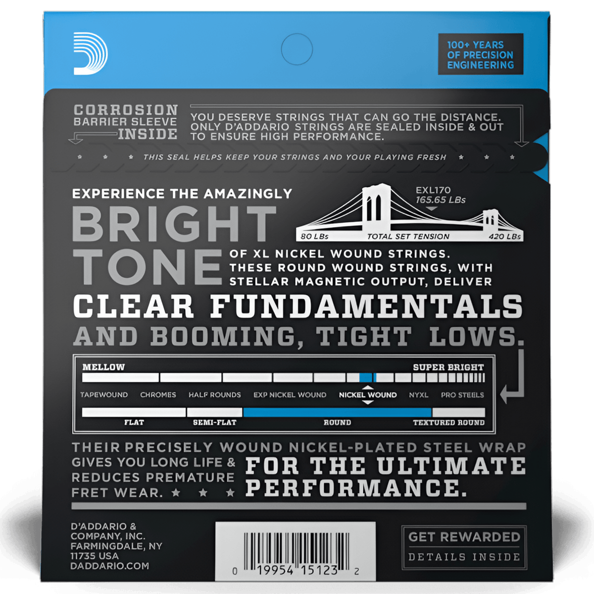 Back of D'Addario EXL170 pack describing bright tone, clear fundamentals and tight lows, with tone chart