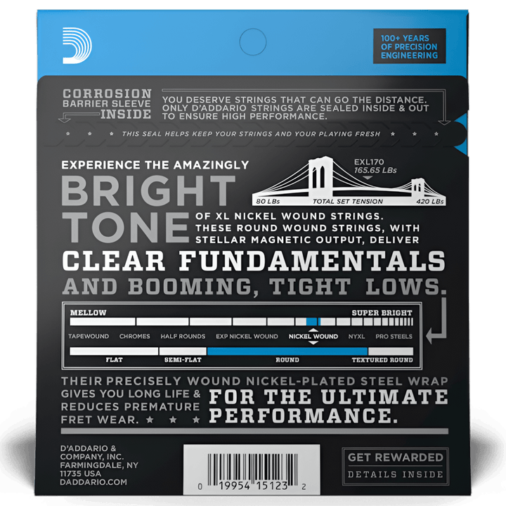 Back of D'Addario EXL170 pack describing bright tone, clear fundamentals and tight lows, with tone chart