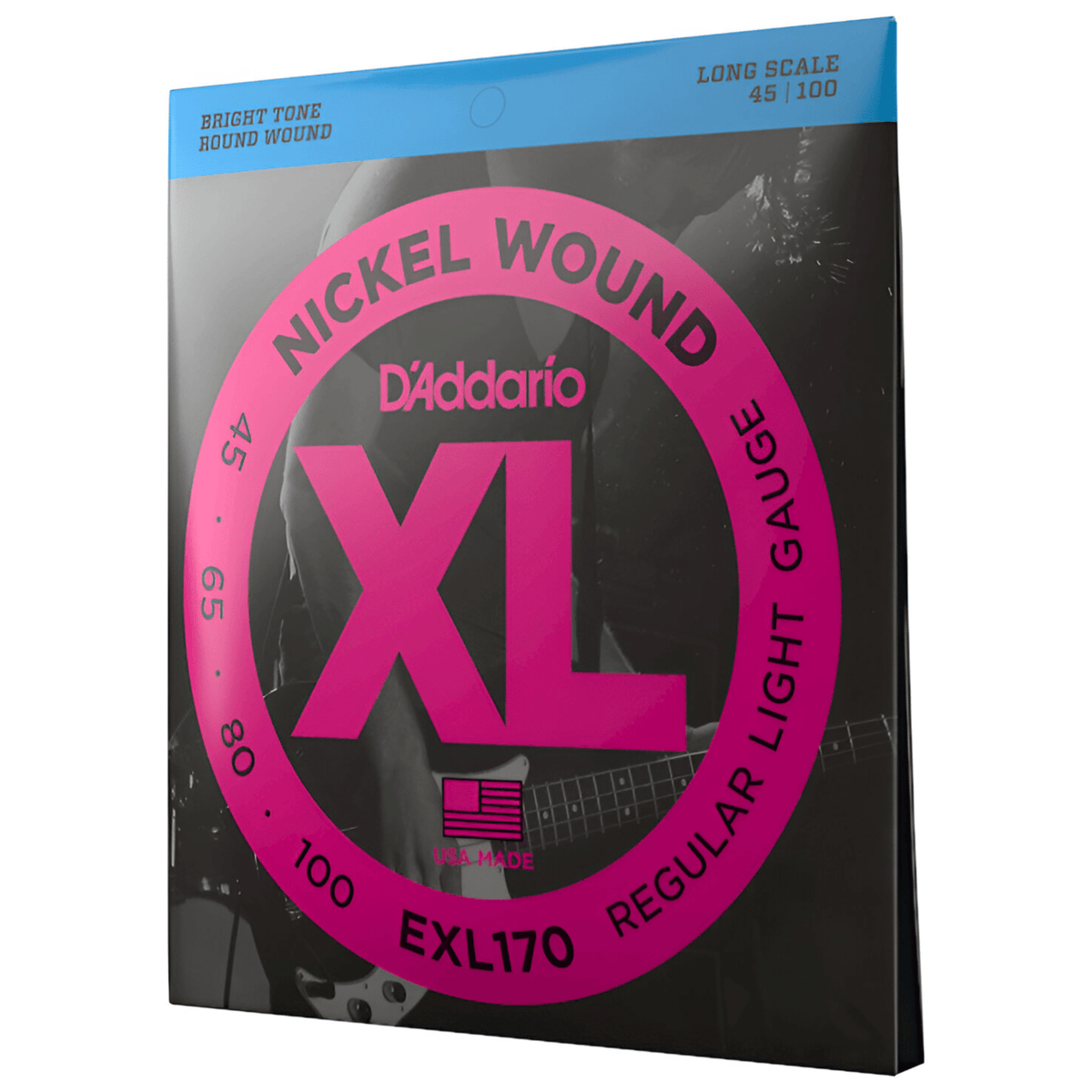 D'Addario EXL170 bass strings pack angled to the right, pink XL roundel listing 45, 65, 80 and 100 gauges