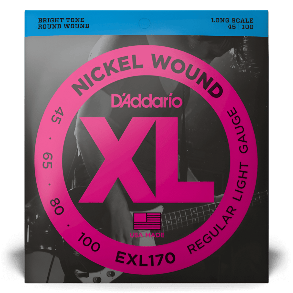 Front of D'Addario EXL170 pack: XL Nickel Wound bass strings, long scale 45-100, regular light gauge