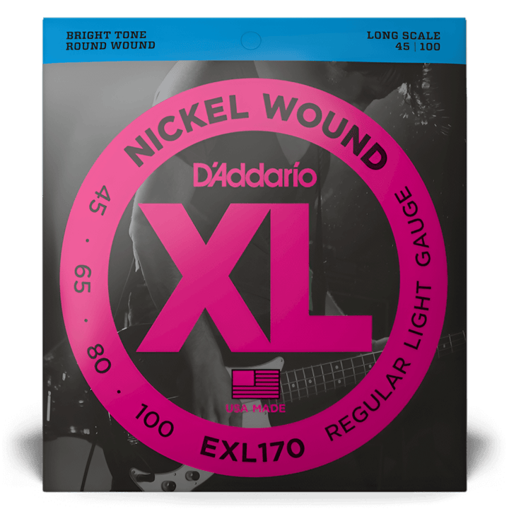 Front of D'Addario EXL170 pack: XL Nickel Wound bass strings, long scale 45-100, regular light gauge