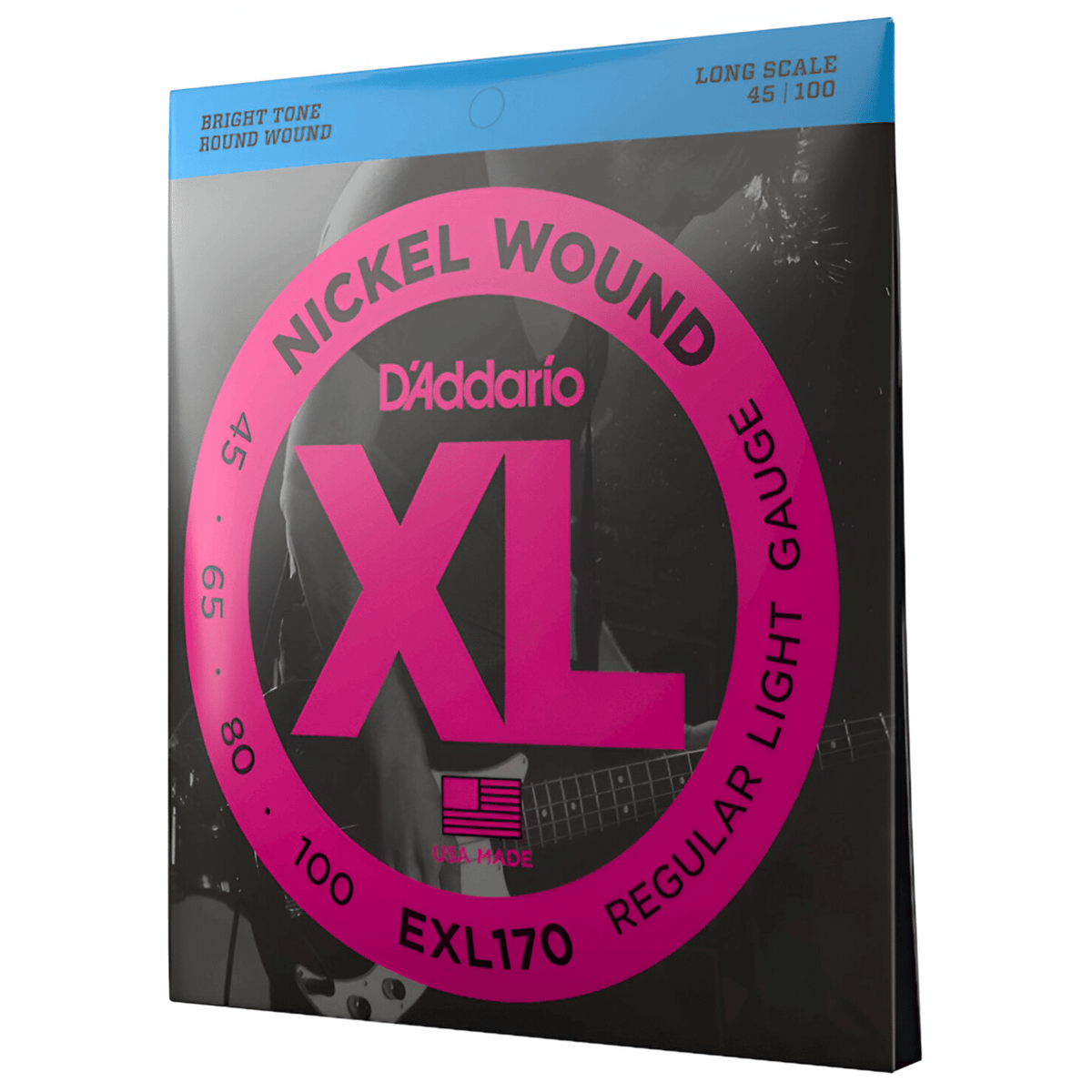 Angled D'Addario EXL170 pack showing the bright tone round wound and long scale 45|100 corner tabs