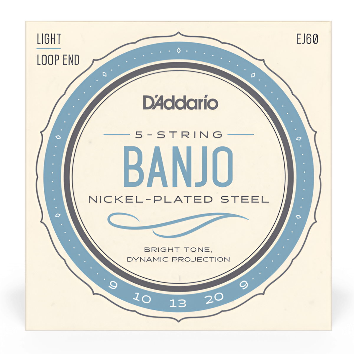 Front of D'Addario EJ60 light nickel 5-string banjo strings pack, shown flat