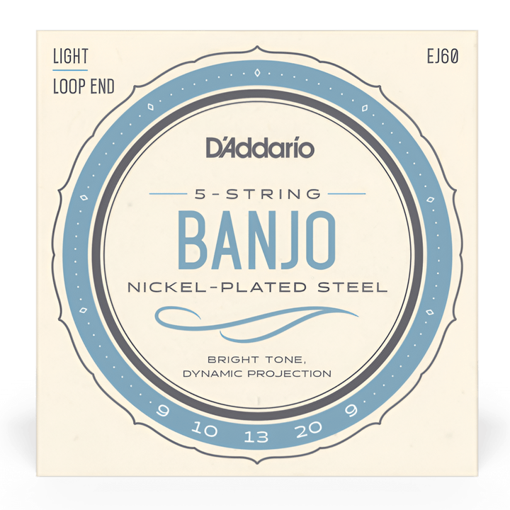 Front of D'Addario EJ60 light nickel 5-string banjo strings pack, shown flat