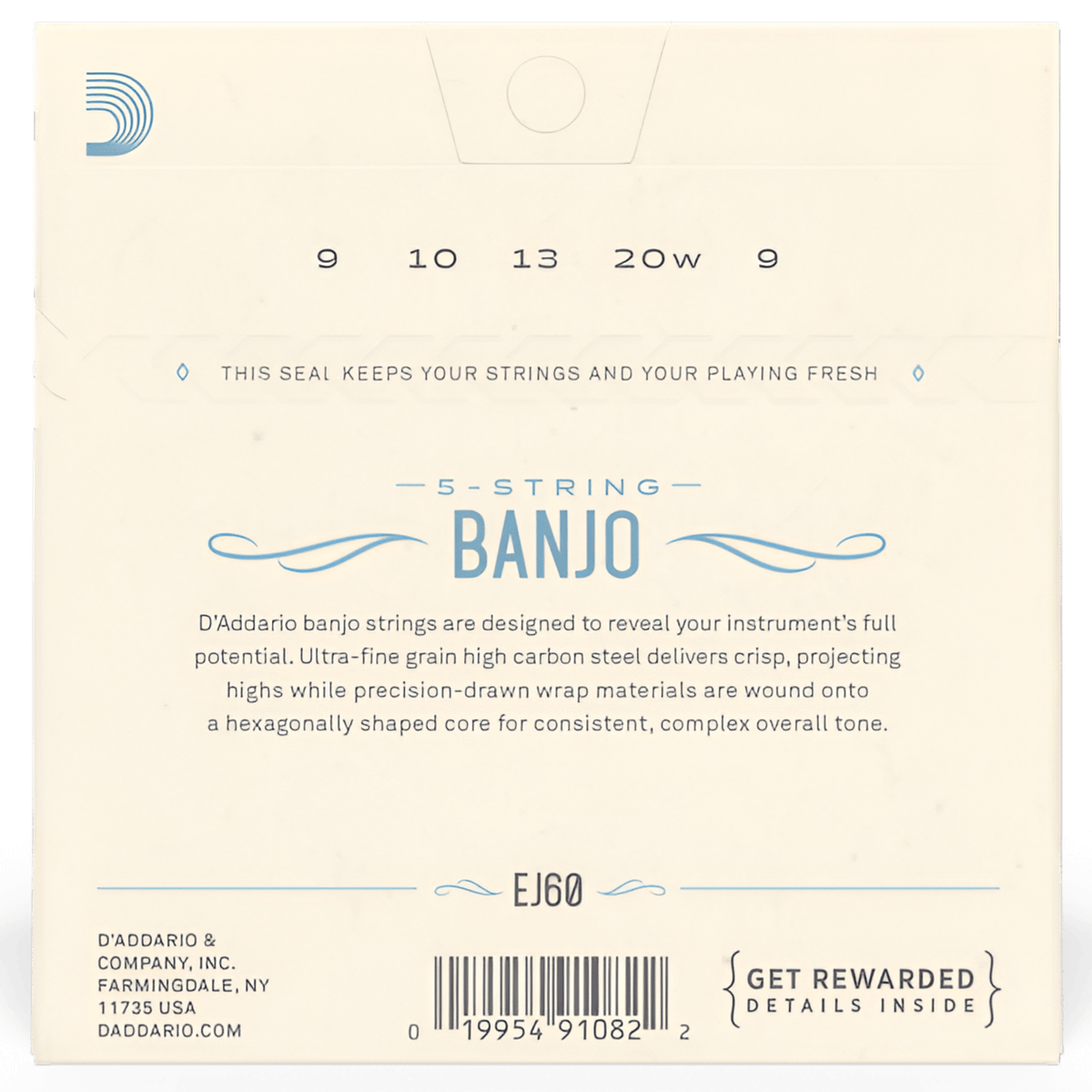 Back of D'Addario EJ60 banjo strings pack with 9, 10, 13, 20w and 9 gauges and string construction notes