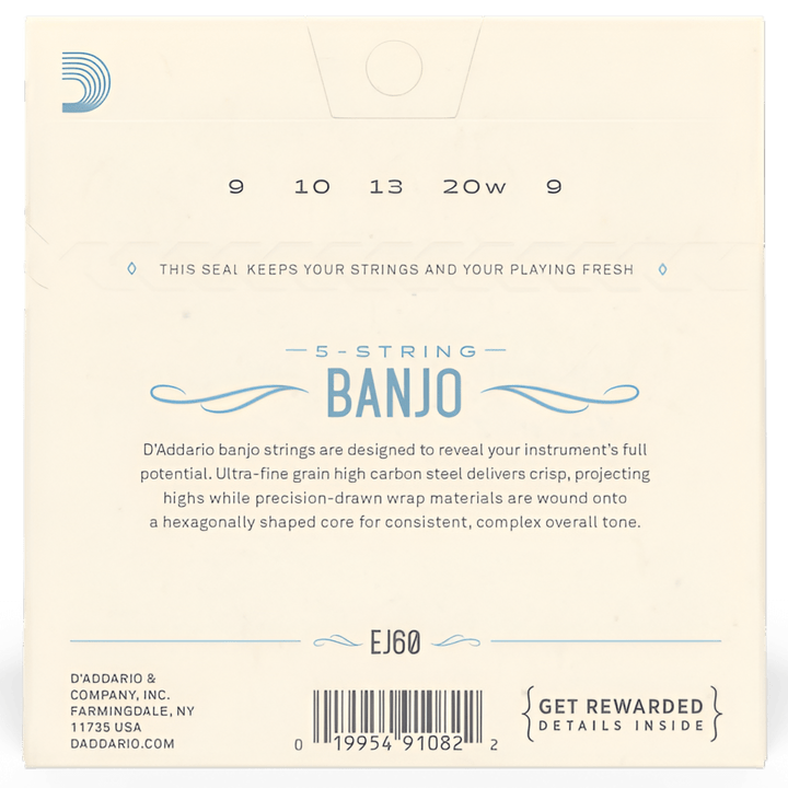 Back of D'Addario EJ60 banjo strings pack with 9, 10, 13, 20w and 9 gauges and string construction notes