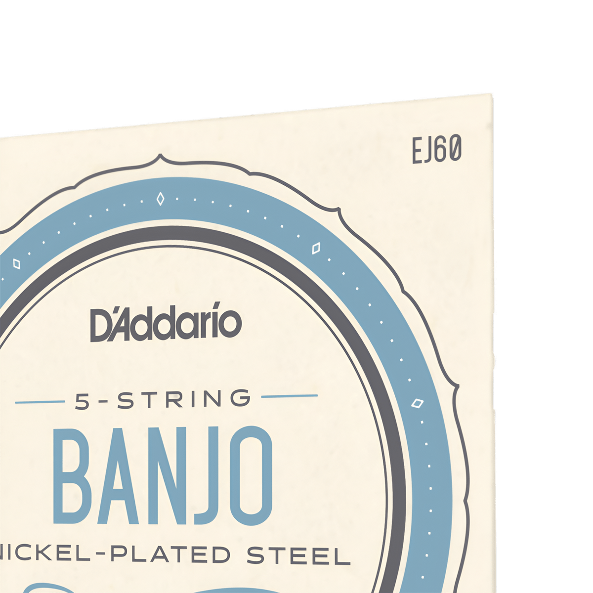 Close-up of the D'Addario EJ60 banjo strings pack corner showing the model number