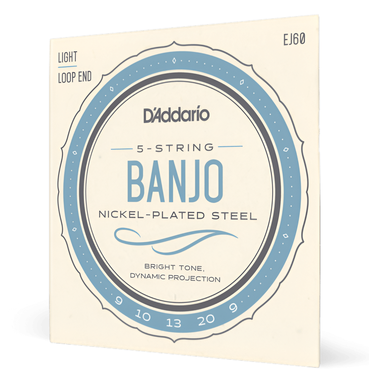 D'Addario EJ60 5-string banjo strings pack at an angle: light, loop end, nickel-plated steel, gauges 9 10 13 20 9