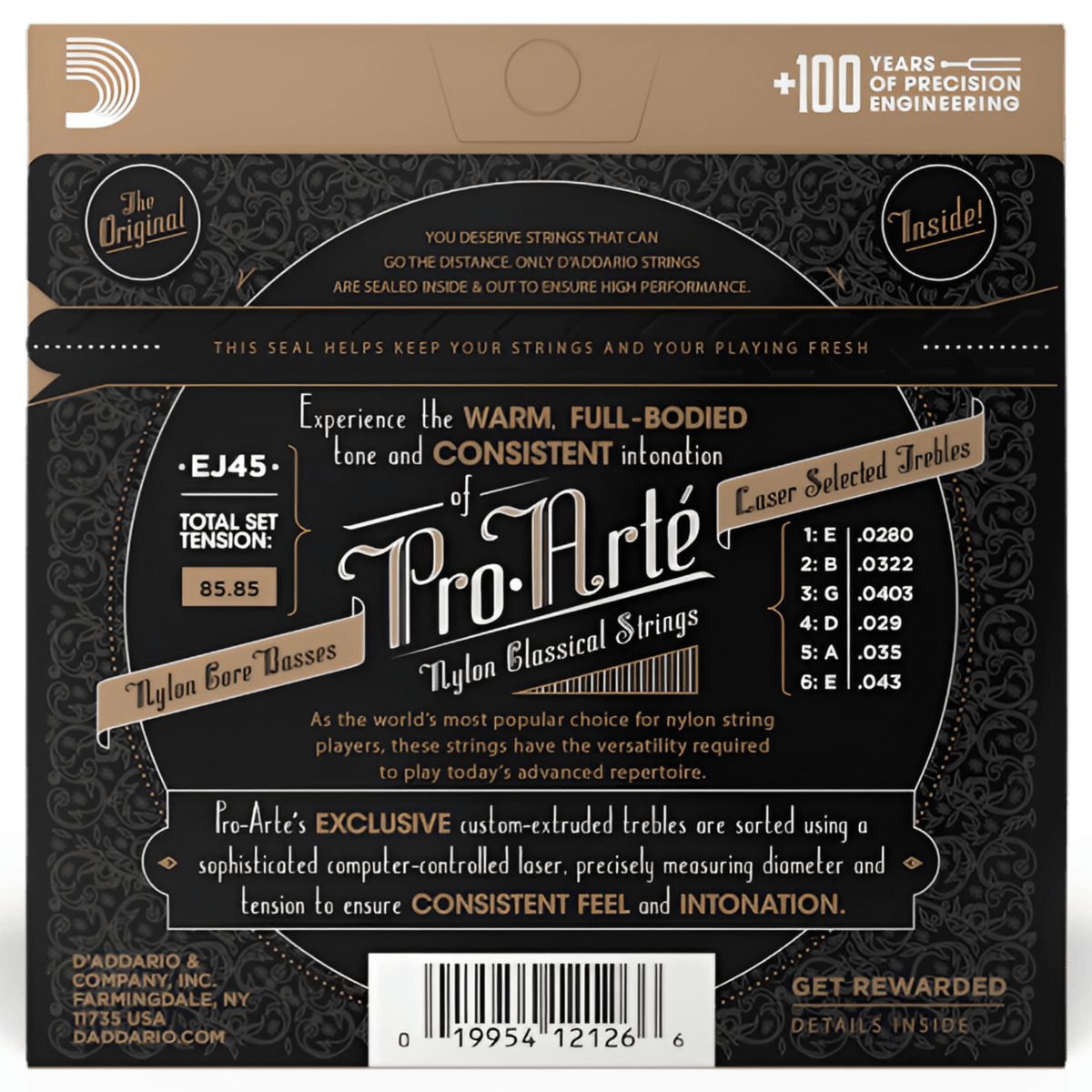 Back of D'Addario EJ45 pack listing gauges .0280 to .043, nylon core basses and laser-selected trebles
