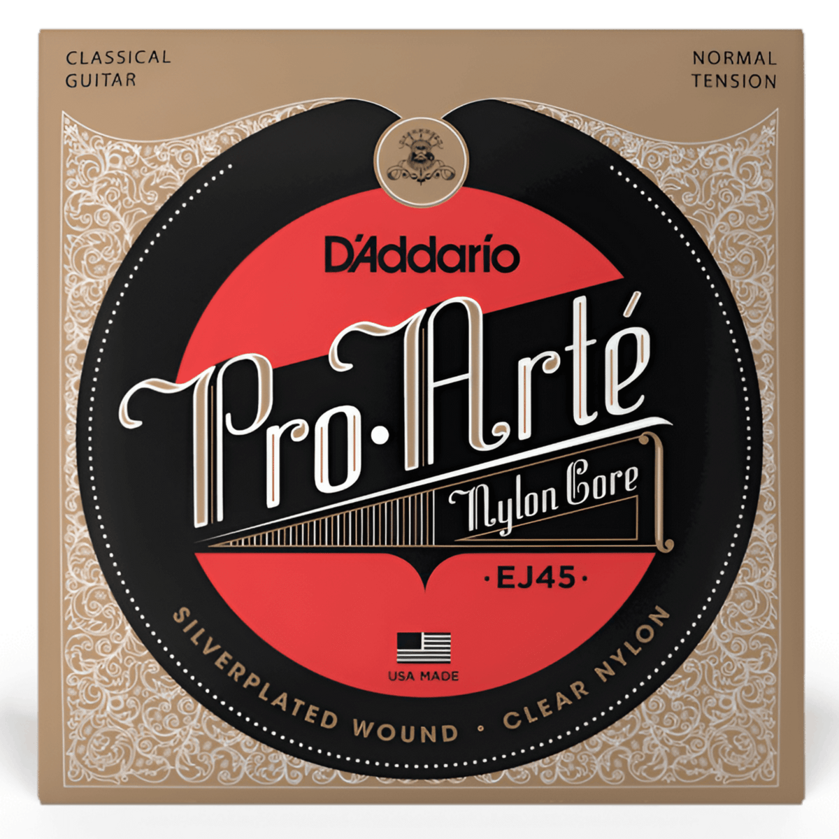 Front of D'Addario EJ45 Pro-Arté pack: nylon core classical strings, normal tension, silverplated wound and clear nylon