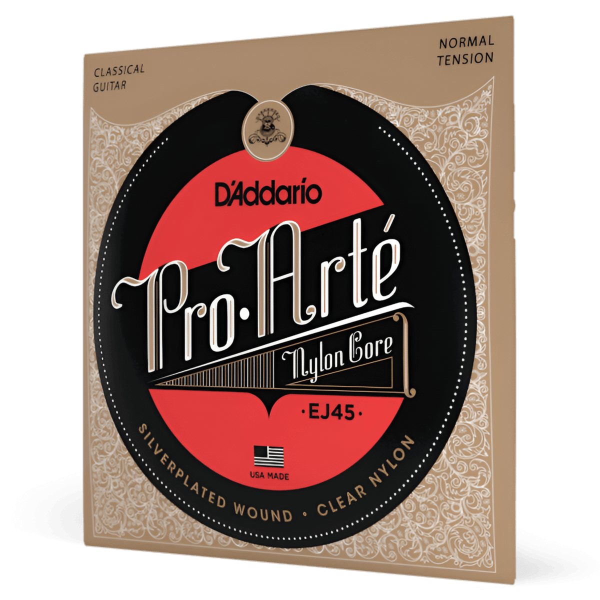 D'Addario EJ45 Pro-Arté normal tension classical guitar strings pack shown at an angle