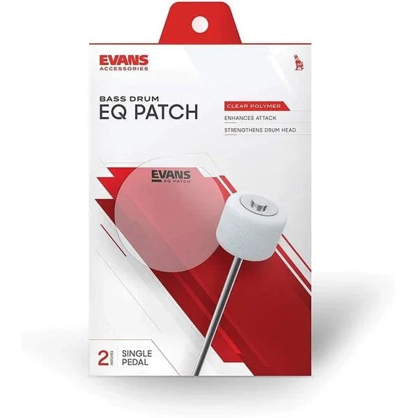 Evans Bass Drum EQ Patch pack: clear polymer, single pedal, 2 patches, with a beater illustrated on the red card