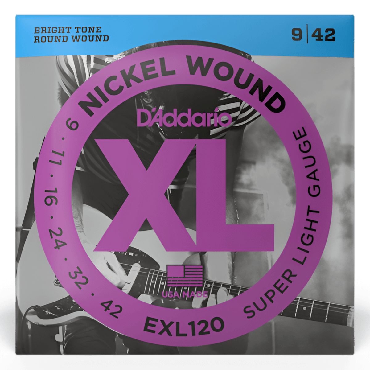 D'Addario EXL120 XL Nickel Wound Super Light 9-42 strings, front of the purple pack