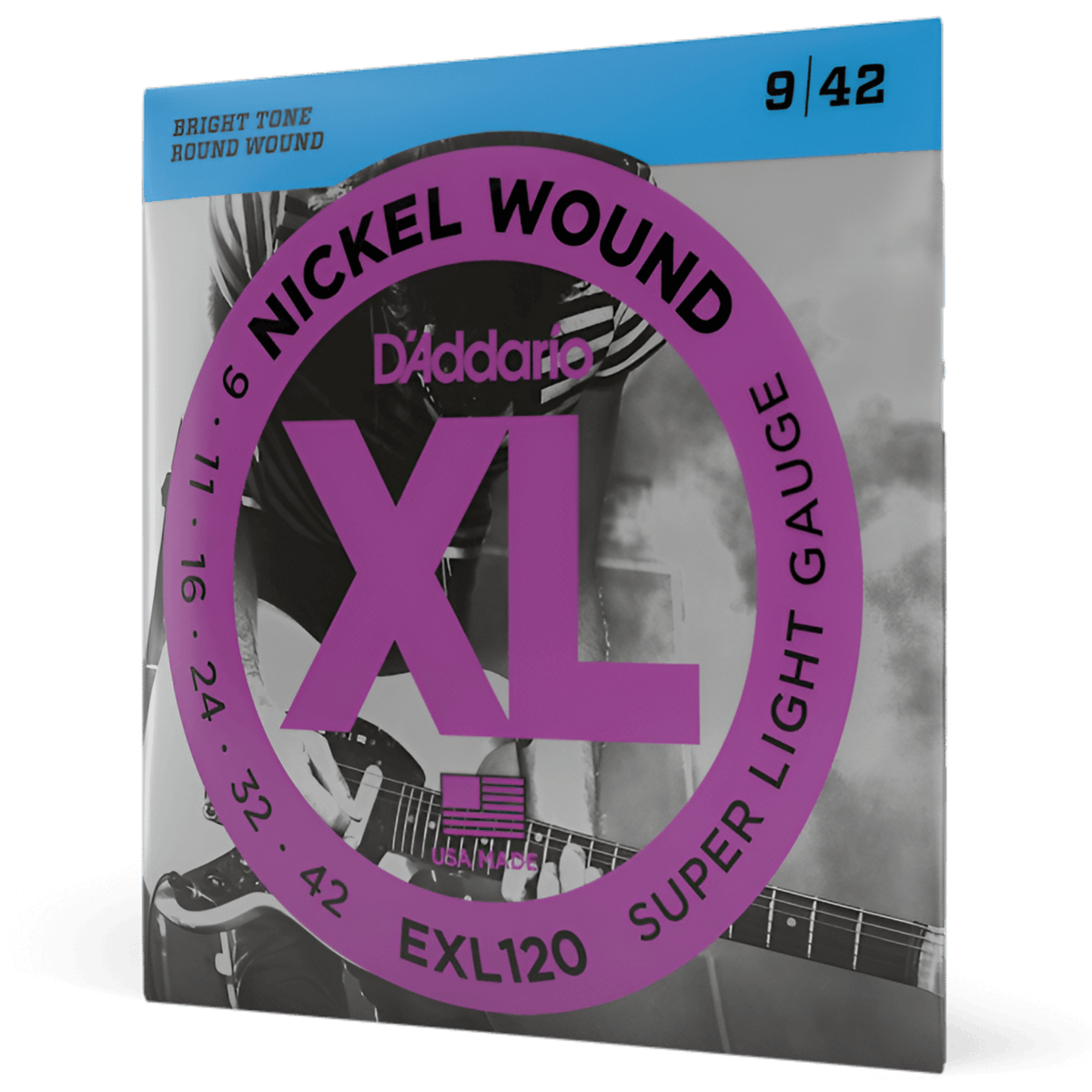 D'Addario EXL120 9-42 string pack at an angle, purple XL Nickel Wound design