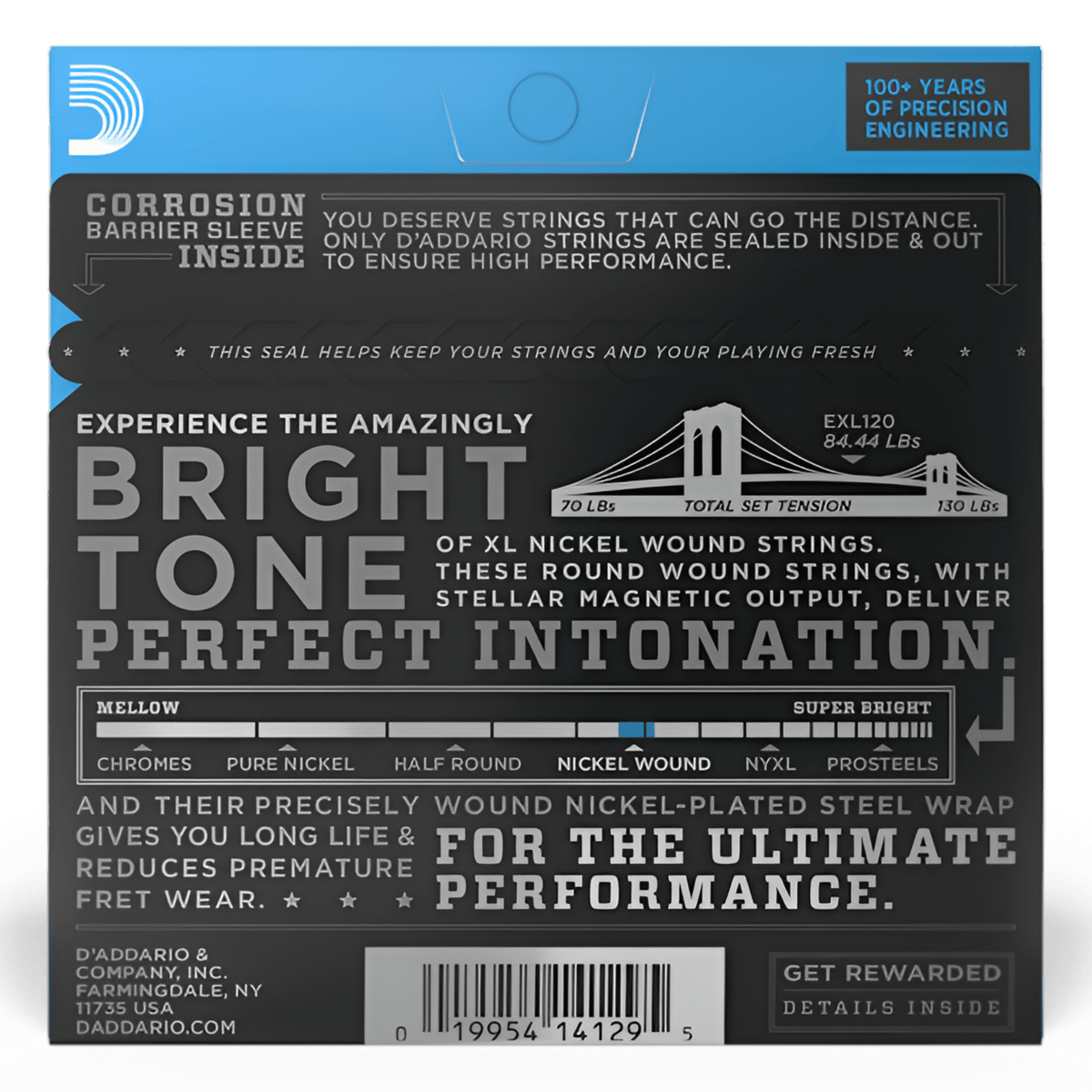 Back of the EXL120 pack showing 84.44lb total set tension, corrosion barrier sleeve note and barcode