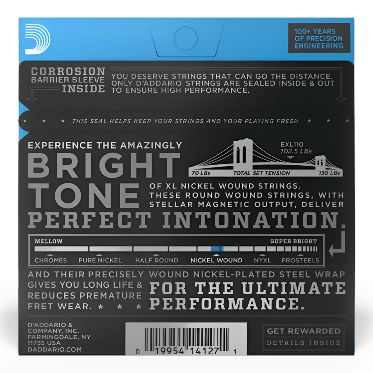Back of the EXL110 pack showing 102.5lb total set tension, corrosion barrier sleeve note and barcode