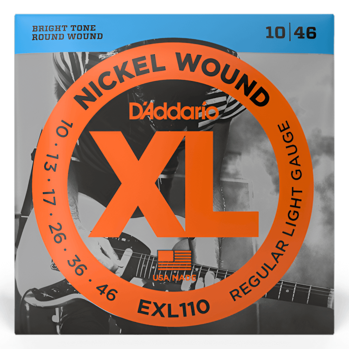 D'Addario EXL110 XL Nickel Wound Regular Light 10-46 strings, front of the orange single-set pack