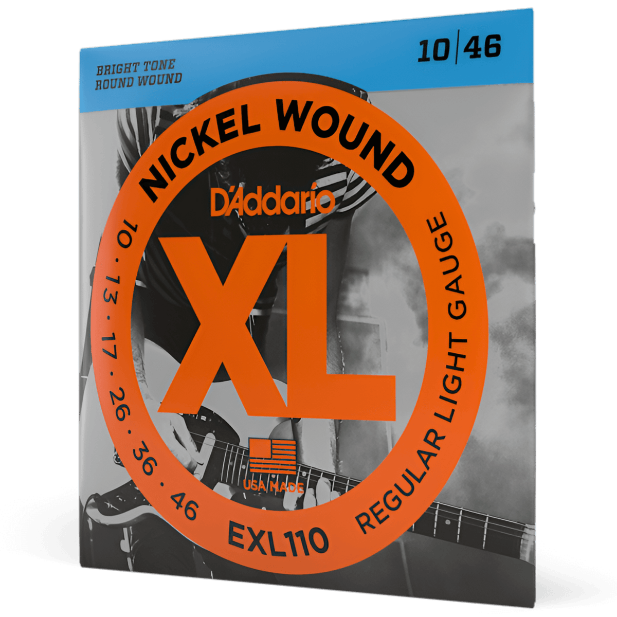 D'Addario EXL110 10-46 string pack at an angle, orange XL Nickel Wound design