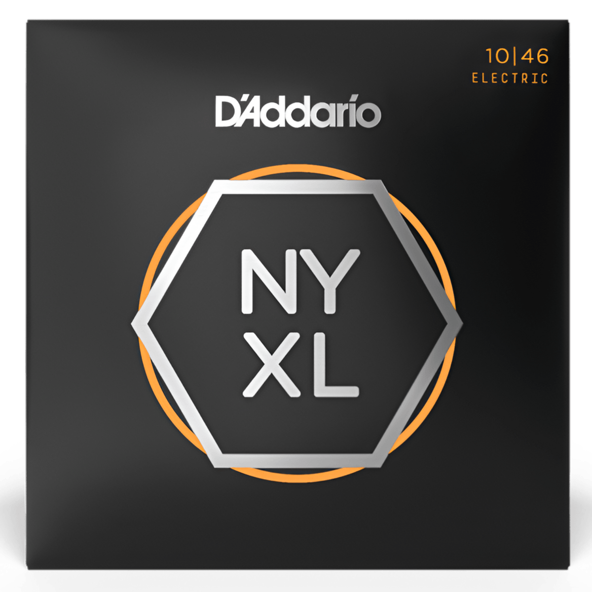 D'Addario NYXL 10-46 electric guitar strings, front of the black and orange pack