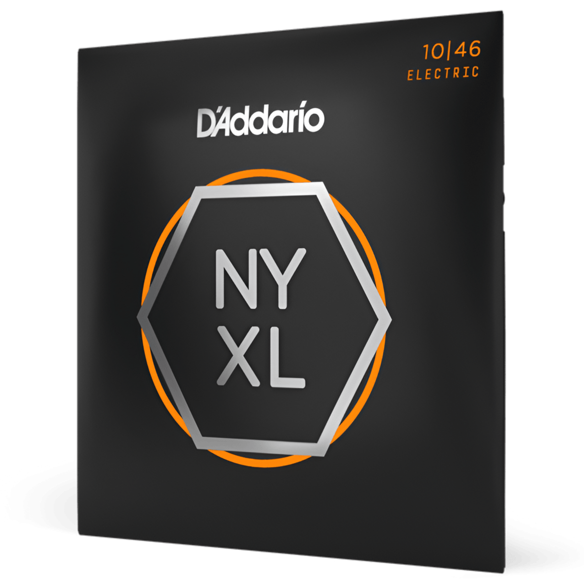 D'Addario NYXL1046 string pack at an angle, silver NYXL hexagon logo