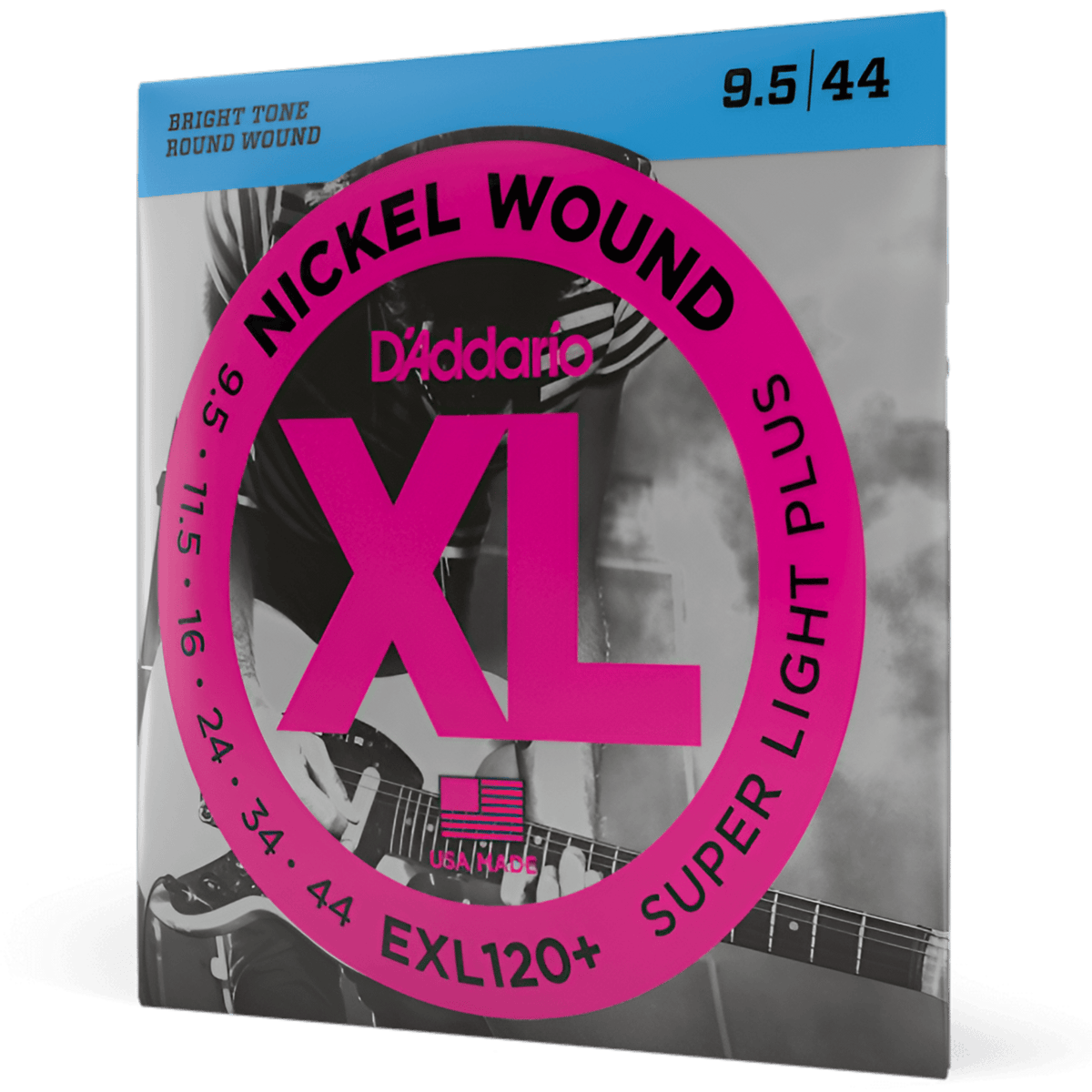 D'Addario EXL120+ 9.5-44 electric guitar strings pack shown at an angle