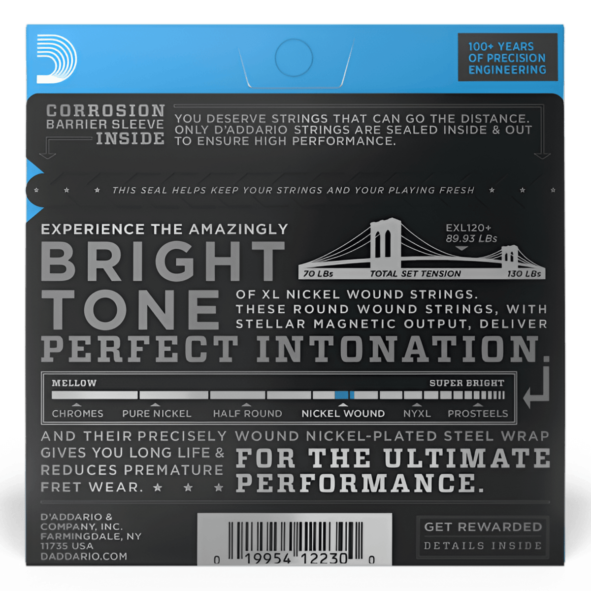 Back of D'Addario EXL120+ pack with 89.93 lb total set tension graphic and mellow-to-bright tone chart