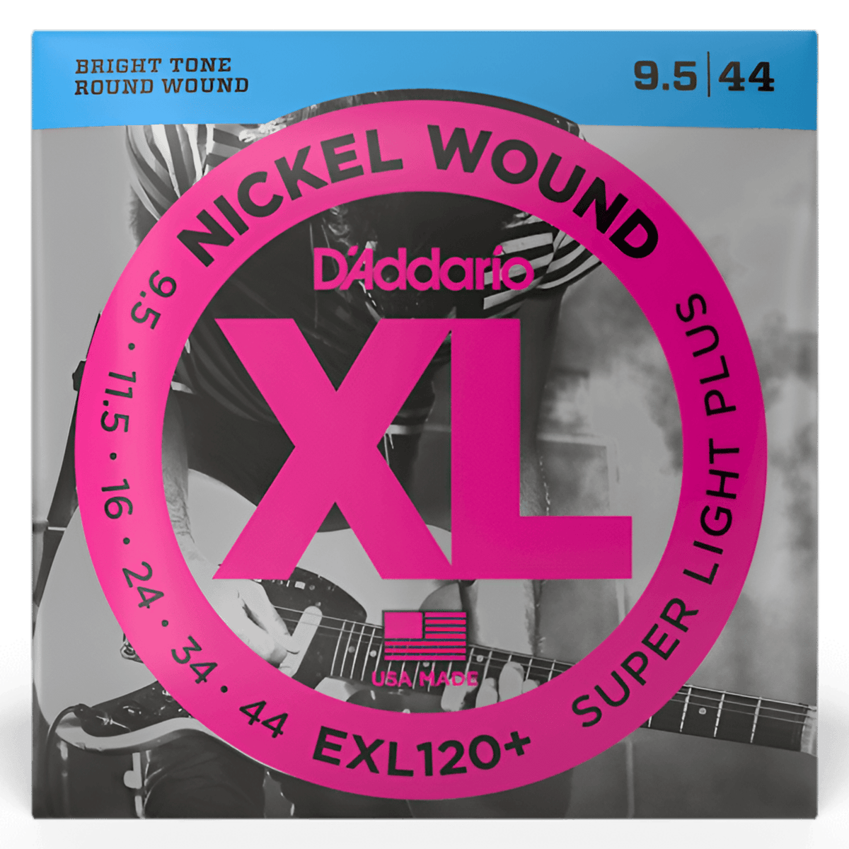 Front of D'Addario EXL120+ pack: XL Nickel Wound electric strings, super light plus 9.5-44, gauges on the ring