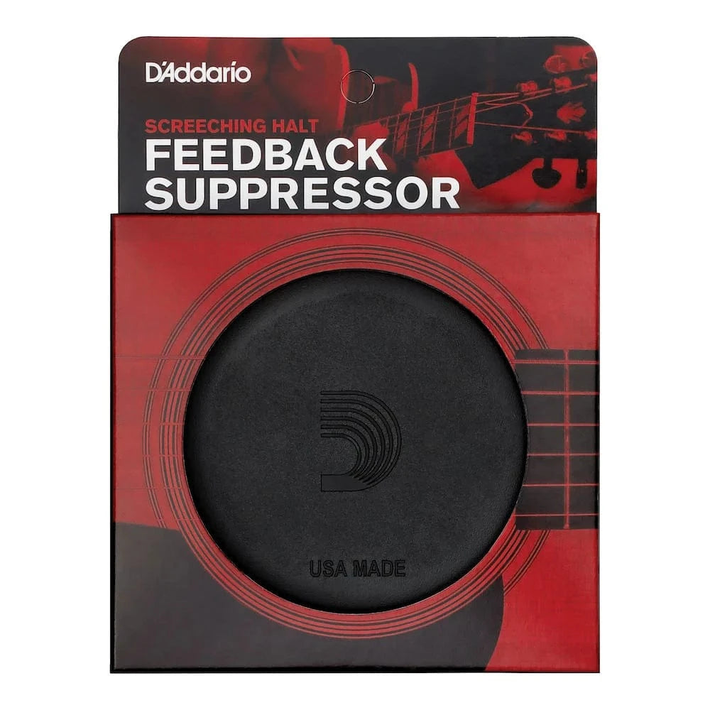 D'Addario Screeching Halt pack, front view, plug marked USA Made on a red acoustic guitar graphic