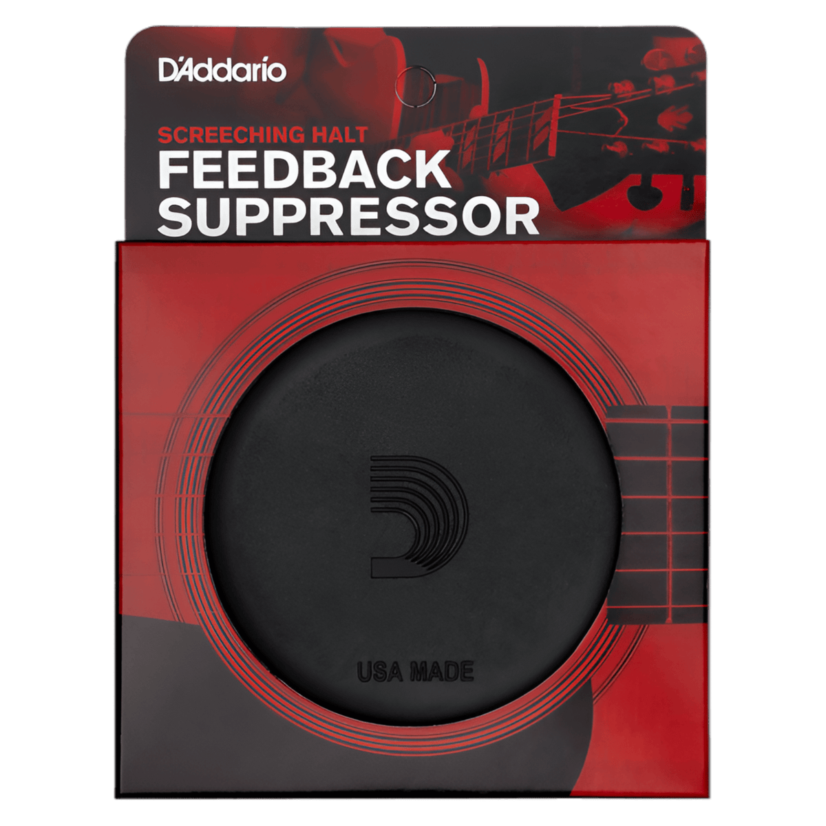 D'Addario Screeching Halt Feedback Suppressor in its red retail pack, black rubber plug with D logo showing