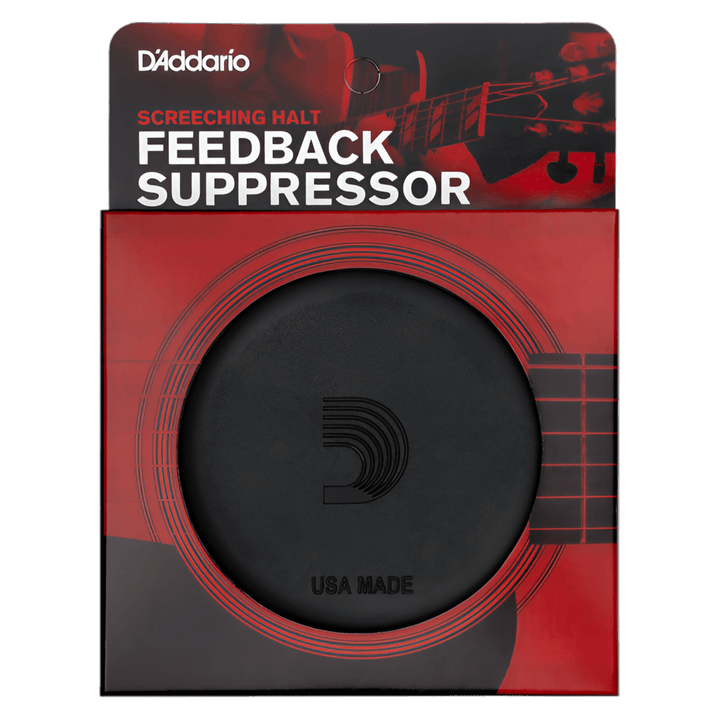 D'Addario Screeching Halt Feedback Suppressor in its red retail pack, black rubber plug with D logo showing