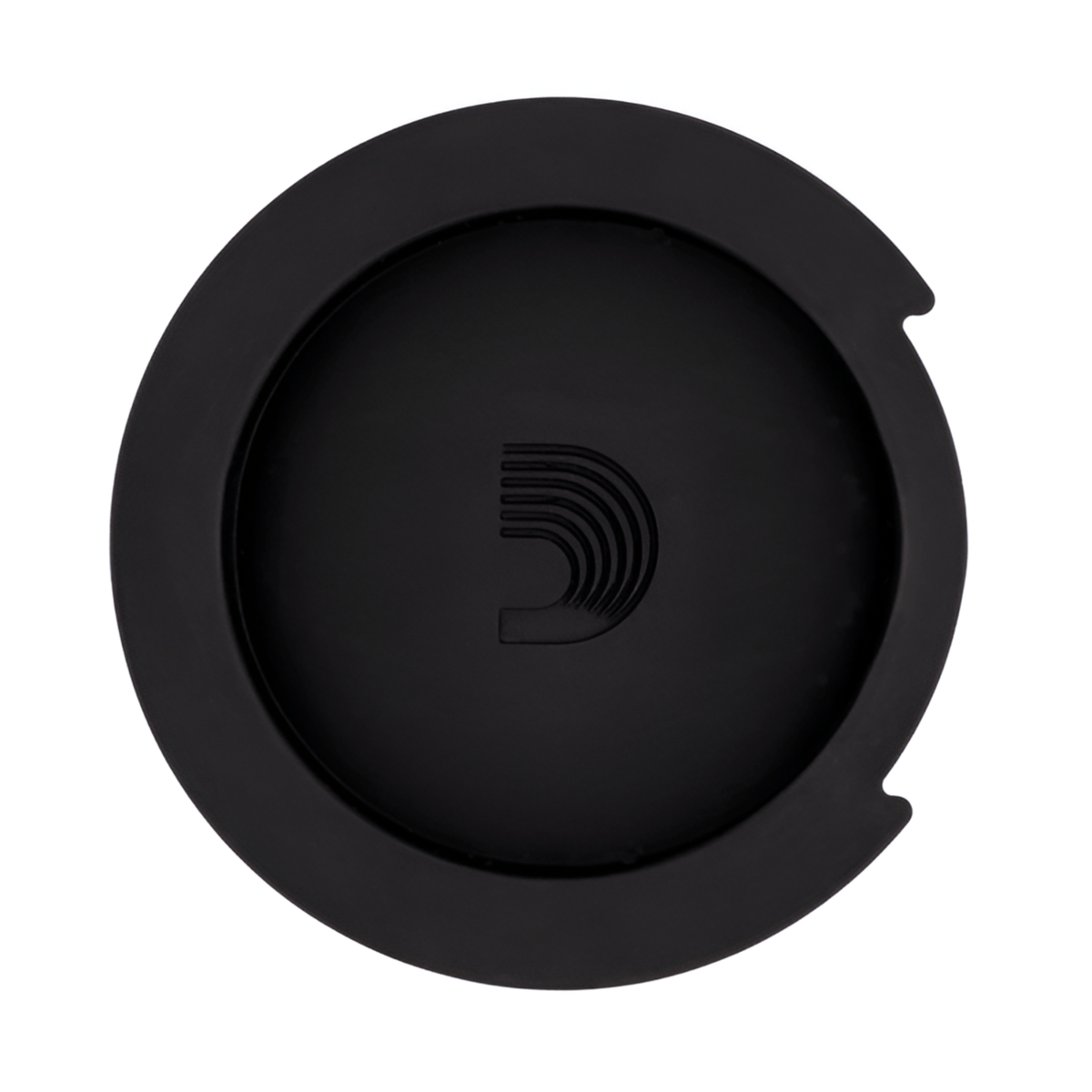Black D'Addario Screeching Halt soundhole plug from above, with D logo and two small notches in the rim