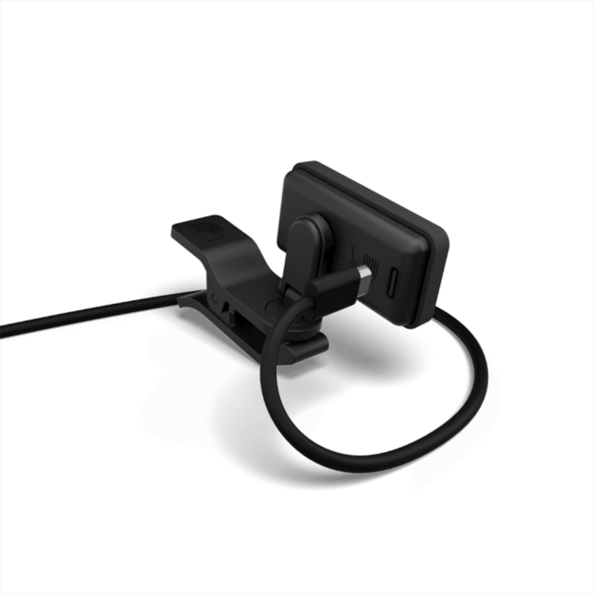 Rear of the D'Addario Eclipse rechargeable tuner with the USB-C charging cable plugged in