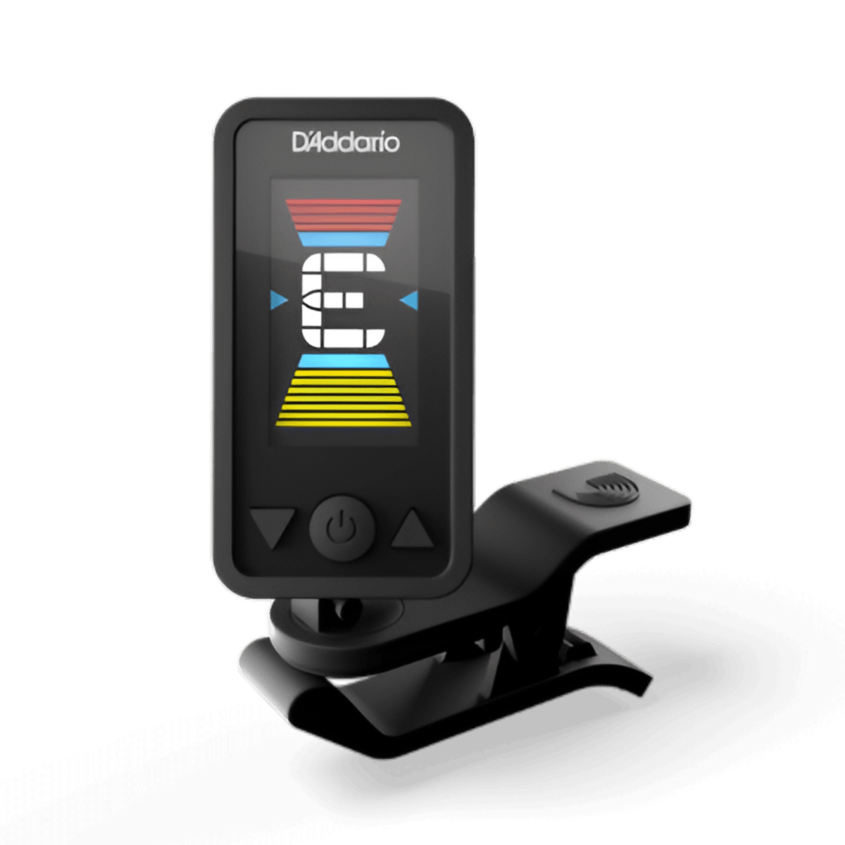 Front of the D'Addario Eclipse PW-CT-27 clip-on tuner, colour display showing E with red, blue and yellow bars
